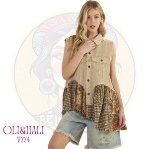 V774 OLI & HALI Tan Plaid Washed Cotton Corduroy Vest Top